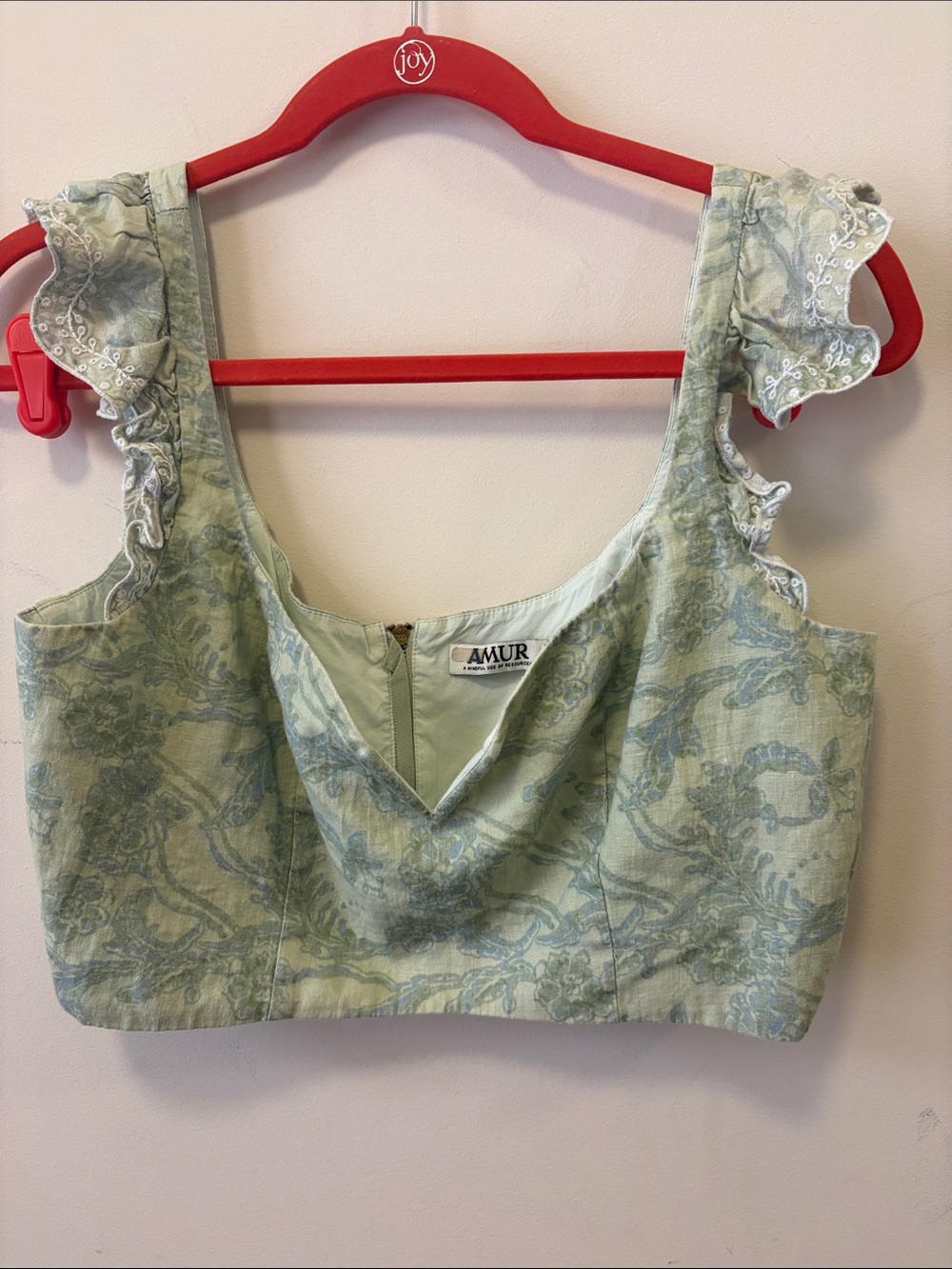 AMUR Sage Green Printed Ruffle Strap Crop Top